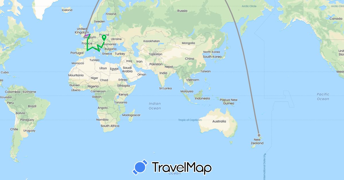 TravelMap itinerary: driving, bus, plane, train in Spain, France, United Kingdom, Croatia, Hungary, Italy, Monaco, Netherlands, New Zealand (Europe, Oceania)